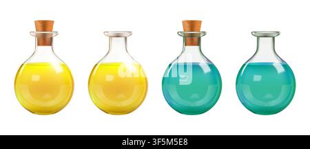 3d test tube, chemistry lab glass bottle. Witch magic potion flask, laboratory beaker vector icon. Science vial medical equipment, isolated poison ant Stock Vector