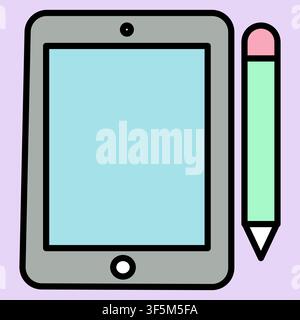 Simple tablet stands beside a pencil. Minimalist style features soft pastel tones. Gray device with clean, rounded edges. Bright screen awaits user in Stock Vector