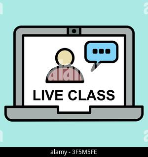 Laptop screen displays live class icon. Simple icon shows person and chat bubble. Text reads "LIVE CLASS" in bold letters. Design uses clean lines and Stock Vector