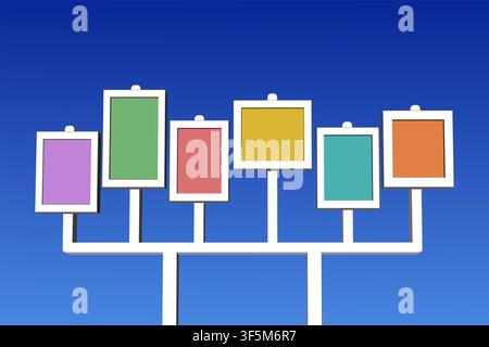 3D illustration of Six colorful blank frames on a white structure against a bright blue sky Stock Photo