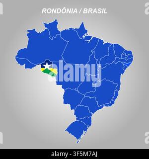 Map of the state of Rondônia filled with its flag, highlighted on the map of Brazil Stock Vector