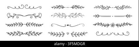 Floral ornament line border set. Hand drawn line doodle style floral divider elements. Flower, vine leaf ornament border frame text vintage flourish decoration. Vector illustration Stock Vector