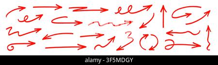 Arrow hand drawn brush line set. Hand drawn arrow brush line chalk doodle red crayon paint sketch. Organic handwritten pointer comic wave bold grunge background. Vector illustration Stock Vector