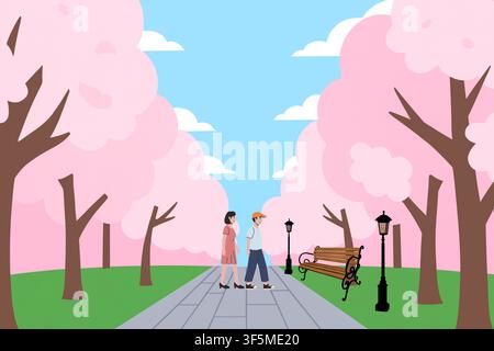 A flat vector illustration of a couple walking along a path lined with pink cherry blossom trees in a park. Stock Vector
