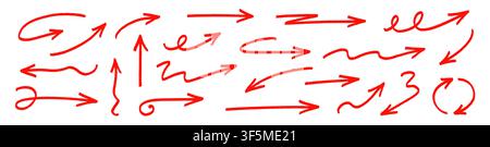 Arrow hand drawn brush line set. Hand drawn arrow brush line chalk doodle red crayon paint sketch. Organic handwritten pointer comic wave bold grunge background. Vector illustration Stock Vector