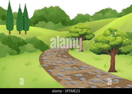 A vibrant cartoon illustration of a scenic countryside path winding through rolling green hills and lush trees. Stock Vector