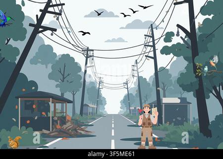 Pixel art traveler standing on a rural road with power lines and trees in a scenic landscape. Stock Vector