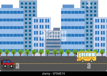 A flat vector illustration of a city street featuring a yellow school bus, a red car, and modern office buildings. Stock Vector