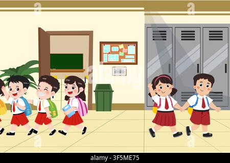 Happy school children walking in hallway with backpacks and uniforms Stock Vector
