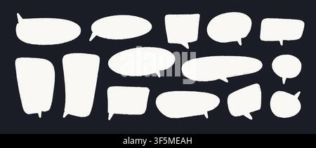 Hand drawn dialog boxes on blackboard. Crayon speech bubble doodles on chalkboard. Rough sketched comic talk frames. Scribbled balloon text box bundle. Vector pastel chalk pencil chat cloud pack Stock Vector