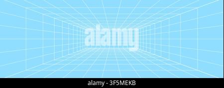 Abstract 3D perspective grid room on blueprint background. White wireframe lines creating futuristic space on blue backdrop. VR cyber landscape. Digit Stock Vector