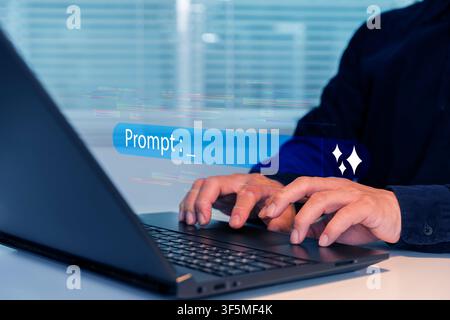 Person typing an AI prompt on a laptop with a glowing code interface, illustrating prompt engineering, generative technology, automation, software dev Stock Photo