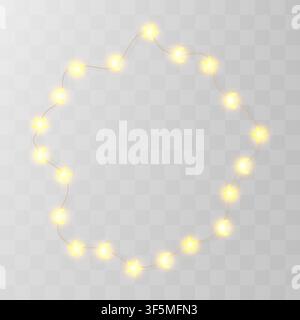 Light garland ramadan wreath, bulb string vector bg. Fairy holiday party decor, white gold xmas festive border. Star isolated, winter ribbon png. New Stock Vector