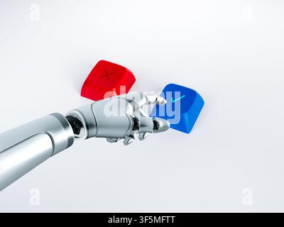 Robotic hand selecting a checkmark over a cross symbol. AI decision making, artificial intelligence, machine learning, smart automation, digital appro Stock Photo