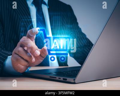 Businessman using AI-powered shopping interface on laptop. AI ecommerce, personalized shopping assistance, product recommendation, smart retail, custo Stock Photo