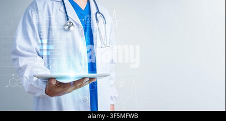 Doctor in coat using digital tablet with AI healthcare dashboard. AI medical technology, digital healthcare, patient data analysis, smart diagnostics, Stock Photo