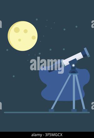 Clean flat style illustration of a telescope observing the full moon beneath a starry night sky, ideal for astronomy, science education, space, and le Stock Vector