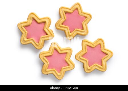 Several star-shaped cookies with pink filling. Biscuits isolated on white background with shadow Stock Photo