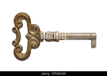 An old metal key isolated on a white background. Close-up of a folding key Stock Photo