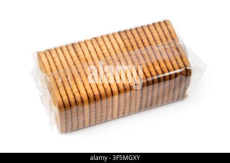 Packaging of biscuits on a white background. Biscuits in transparent plastic packaging. Stock Photo