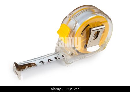 Measuring tape on white background. Close-up of plastic measuring tape. Stock Photo