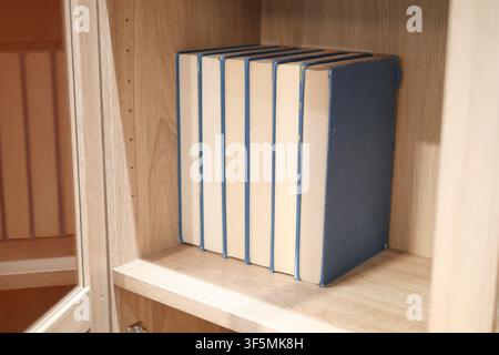 Books lined up on a shelf in a wooden cabinet Stock Photo