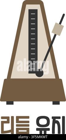 A wooden metronome is displayed with Korean text that reads Rideum Yuji which means Keeping Rhythm in English. Stock Vector