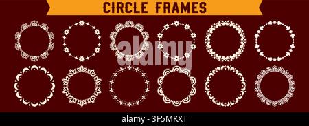 Pack with lace scalloped circle frames on red background. Stock Vector