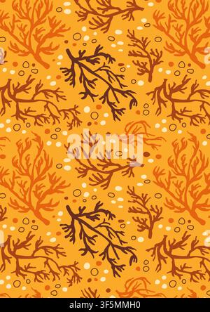 Warm color organic coral seamless poster with yellow bg. Stock Vector