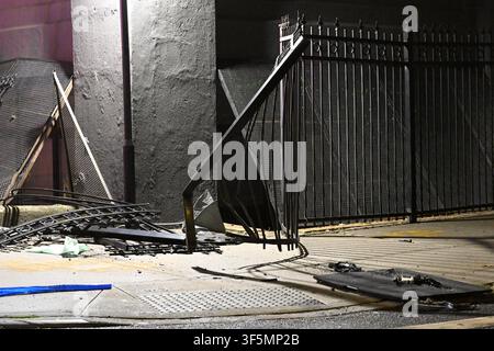 NYPD officers work the scene where a 31-year-old woman is in critical condition after she was struck by a 39-year-old man driving a 2003 Gray Fisker at Park Avenue and Nostrand Avenue within the confines of the 79 precinct in Brooklyn, New York, United States on Sunday, August 2, 2026. Sunday evening at approximately 9:11 pm, police responded and upon arrival it was determined that a 39-year-old man operating a 2003 Gray Fisker was traveling westbound on Park Avenue and attempting to turn onto Nostrand Avenue when he collided with a grey Honda minivan. The 2003 Gray Fisker then jumped the curb Stock Photo