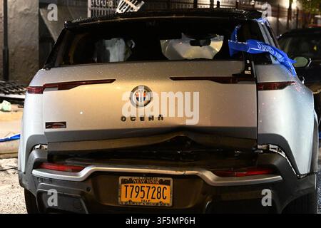 NYPD officers work the scene where a 31-year-old woman is in critical condition after she was struck by a 39-year-old man driving a 2003 Gray Fisker at Park Avenue and Nostrand Avenue within the confines of the 79 precinct in Brooklyn, New York, United States on Sunday, August 2, 2026. Sunday evening at approximately 9:11 pm, police responded and upon arrival it was determined that a 39-year-old man operating a 2003 Gray Fisker was traveling westbound on Park Avenue and attempting to turn onto Nostrand Avenue when he collided with a grey Honda minivan. The 2003 Gray Fisker then jumped the curb Stock Photo