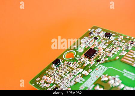 Electronic circuit board with integrated chipset processor soldered in surface Stock Photo
