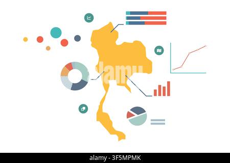 Thailand map with statistic data graphic. Thailand map and pie chart data visualization vector infographics. Vector illustration Stock Vector