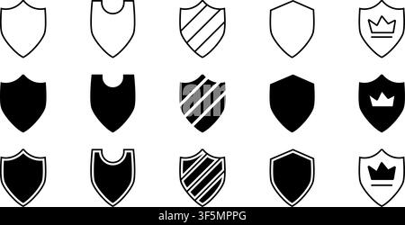 A clean collection of fifteen black shield icons featuring various styles including outlines, solid shapes, crowns, and stripes. Designed for security Stock Vector