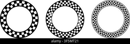 Checkered circle frames set. Circle frame with checkerboard geometric pattern. Round chess border with black and white square pattern. Round race Stock Vector