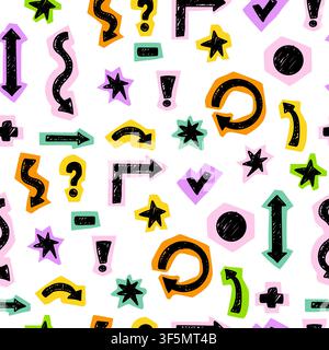 Seamless Pattern Crayon Scrapbook Doodle Sticker. Colorful Scribble Arrow, Question Exclamation Punctuation Mark, Stars on White Background. Vector Il Stock Vector