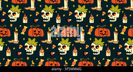 Halloween skull and pumpkin doodle vector seamless pattern for spooky holiday packaging Stock Vector