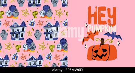 Halloween pumpkin and haunted house hand drawn vector sticker and seamless pattern set for poster design Stock Vector