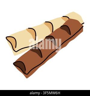 Chocolate bars with cream filling. Vector illustration of milk and white chocolate sticks, crispy waffle rolls, sweet snack isolated on white Stock Vector