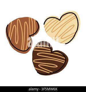 Heart shaped chocolate candies with vanilla stripe glaze decoration. Assorted milk, dark and white chocolate candy collection for sweet Valentine's Stock Vector