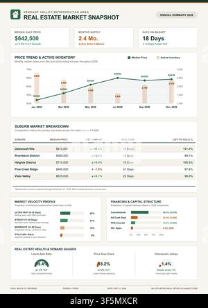 Professional real estate market analysis document featuring line graphs, bar charts, and statistical data tables. Stock Vector