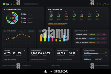 Modern dark mode interface displaying data visualizations, engagement metrics, and audience demographics for marketing analysis. Stock Vector