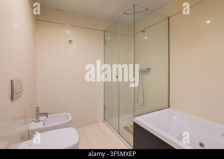 Modern neutral bathroom with glass shower enclosure, bathtub, and wall-mounted bidet in bright tiled interior, with bathroom, shower, bathtub, bidet Stock Photo