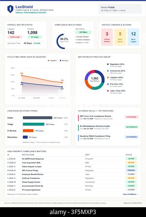 Professional business dashboard displaying legal compliance metrics, case management data, and regulatory performance analytics. Stock Vector