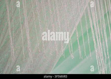 Close-up of elegant white fringe threads hanging against a patterned mint green fabric background. Ideal for wedding, party, or interior design themes Stock Photo