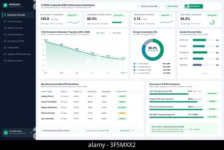Professional digital interface displaying environmental, social, and governance analytics with charts and progress tracking. Stock Vector