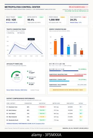 Clean vector illustration of a municipal management dashboard with traffic, energy, and air quality analytics. Stock Vector