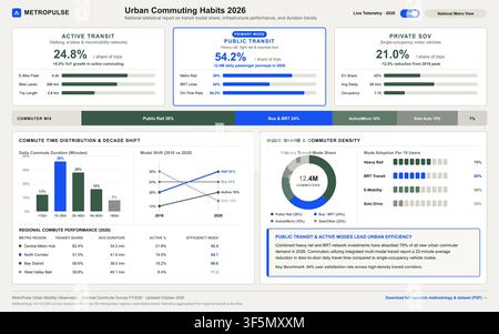 Modern vector dashboard showing urban transportation statistics, modal share, and transit performance data visualization. Stock Vector