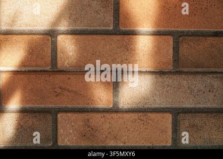 Close-up of a textured brown brick-style ceramic wall with natural sunlight patterns and dark grout lines. Stock Photo