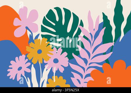 Groovy 70s retro colorful floral and botanical abstract background vector illustration. Stock Vector